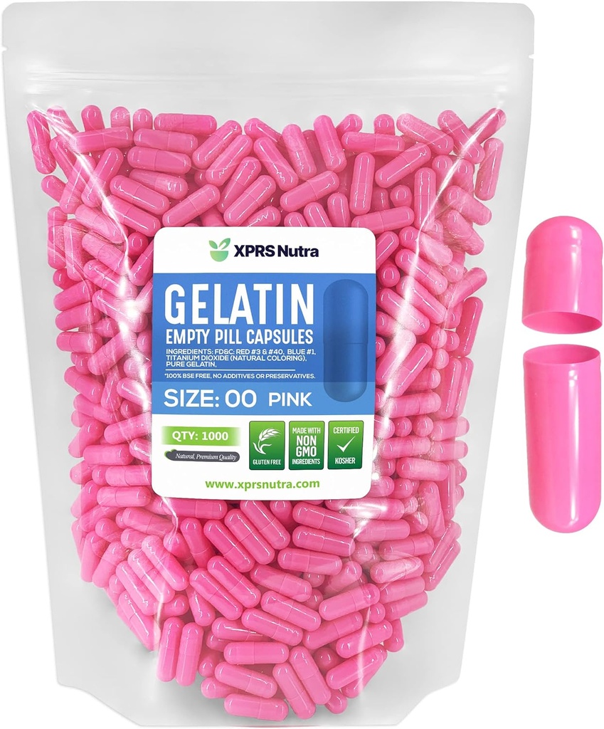 XPRS Nutra Størrelse 00 Tomme kapsler - 1000 Tomme Gelatine kapsler - Piller gør det selv Capsule Fyldning - Fyldelige Pille Gel Caps til Do- It- Yourself Kosttilskud (Pink)