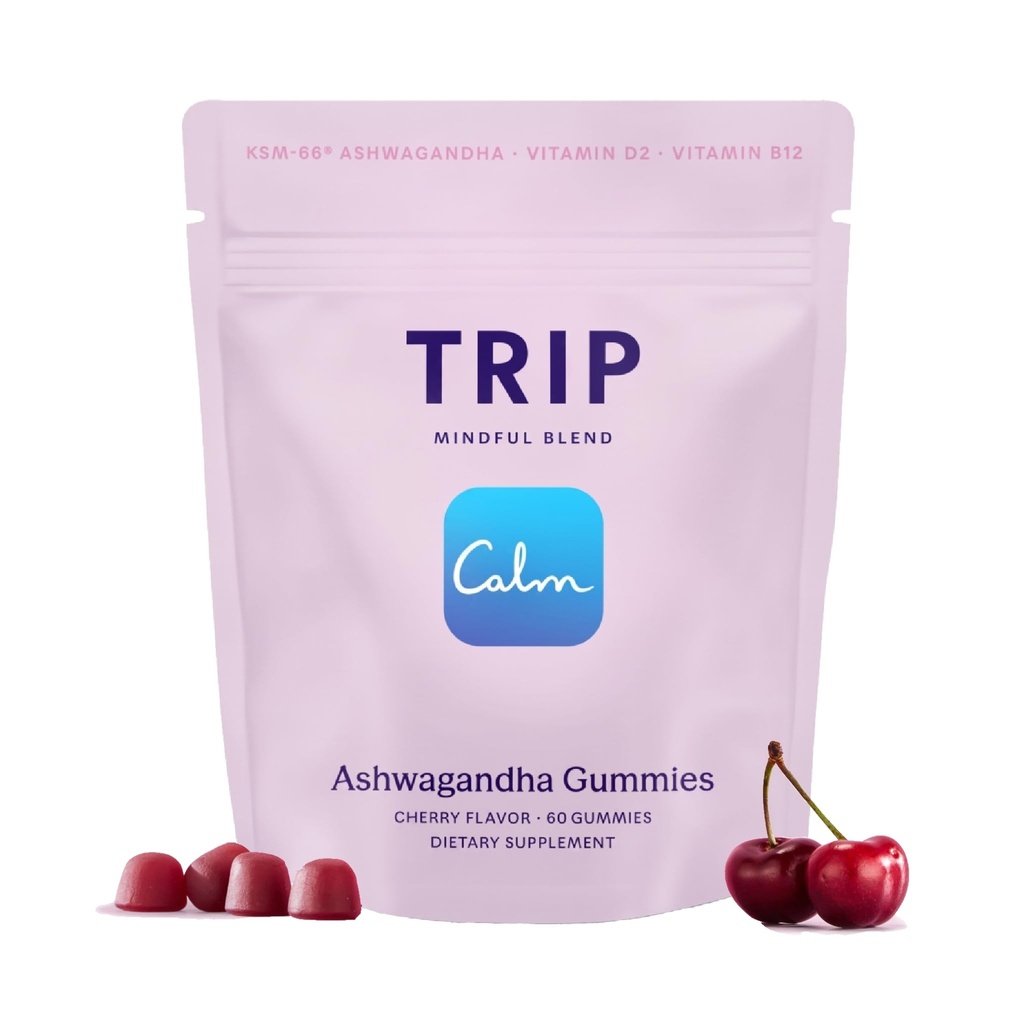 Trip Ashwagandha Gummies with Vitamin D12, B Vitamins, 3000mg Ashwagandha KSM 66 Per Serving, Vegan, Naturally Flavored On The Go Chewable Gummy, Juicy Cherry Flavor, 1 Bag, 60 Count