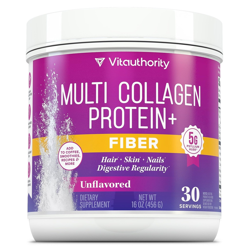 Vitauthority Multi Collagen Protein Powder + Fiber Supplement Collagen Types I, II, III, V & X | Hair, Skin, Nail, & Digestive Support | Vitamin C & Hyaluronic Acid, Unflavored 30 Servings