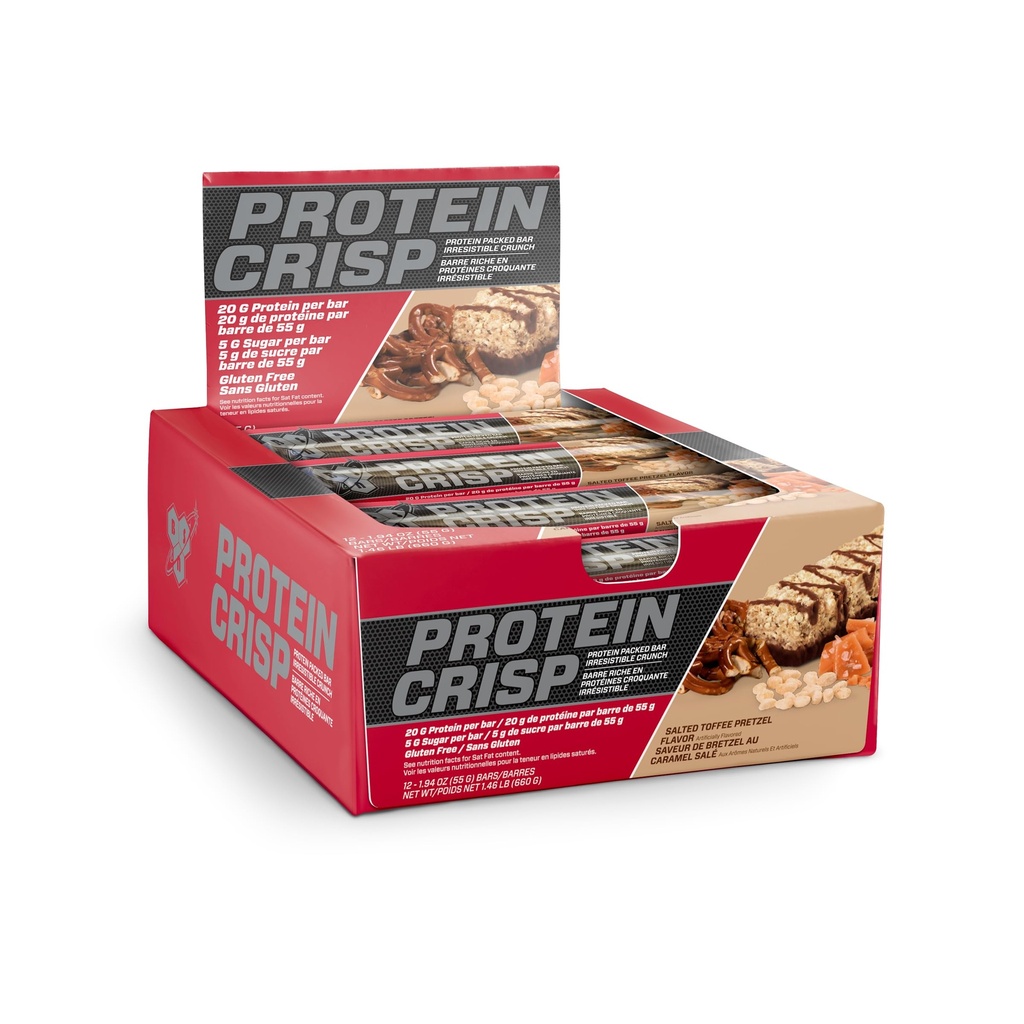 BSN Protein Crisp Bar, Saltet Toffee Pretzel, 20 Gram Protein Snack Bars med Whey og Fiber, Gluten- Free Crunchy Energy Bars til træning, Fitness, On- the- Go, 12 Greve