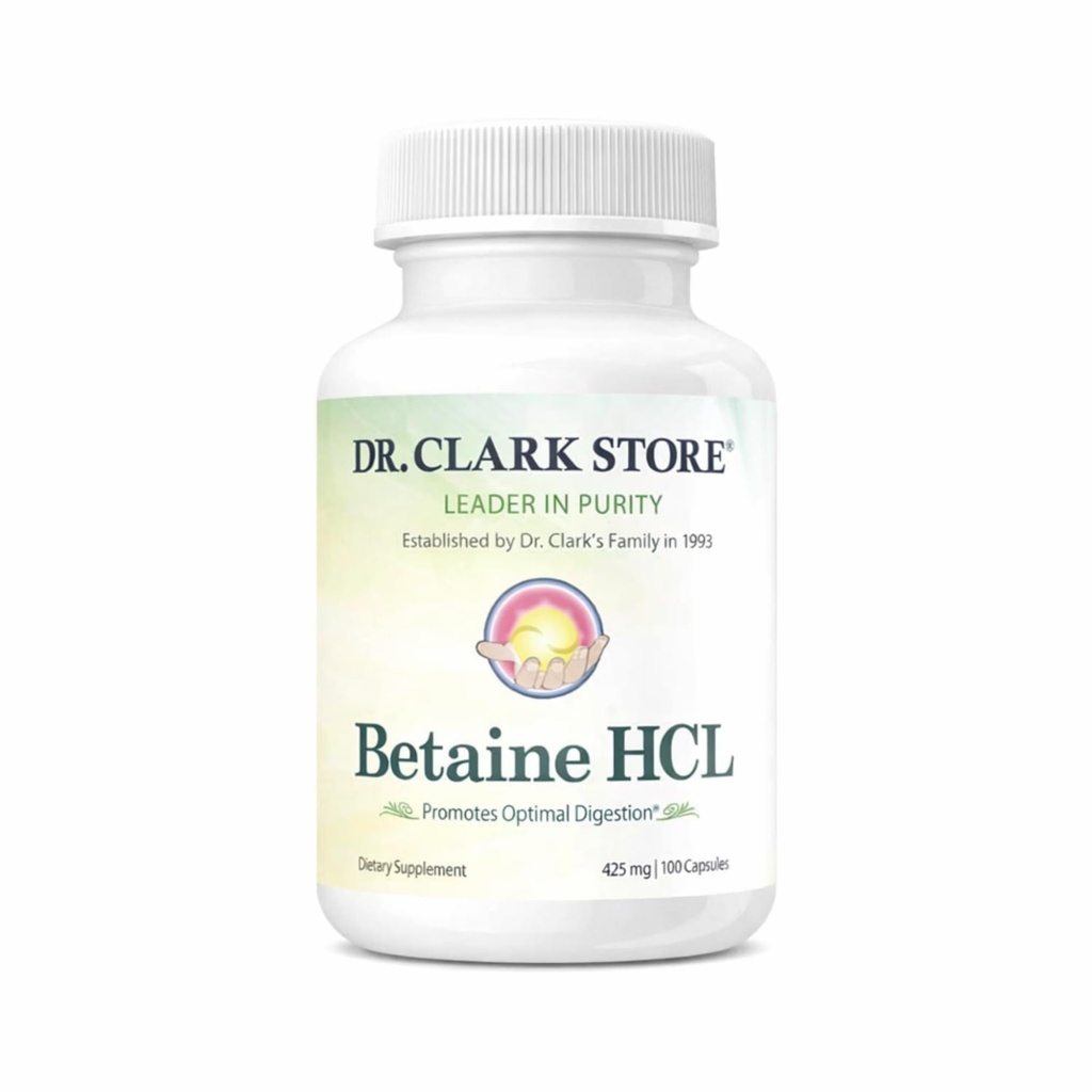 Dr. Clark betaine HCL fordøjelsesenzymer - Acid Reflux Medicine, Saltsyre Protein Supplement, Optimal fordøjelsesformel, 100 Gelatine kapsler, 425 mg