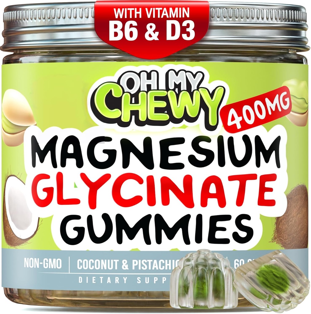 Center- fyldt Magnesium Glycinate Gummies 400MG - Høj Absorption for børn, Teens & Voksne - Supplement til søvn, rolig & muskelafslapning med B6 & D3 - Gluten Free & Vegan Friendly - 120 Greve