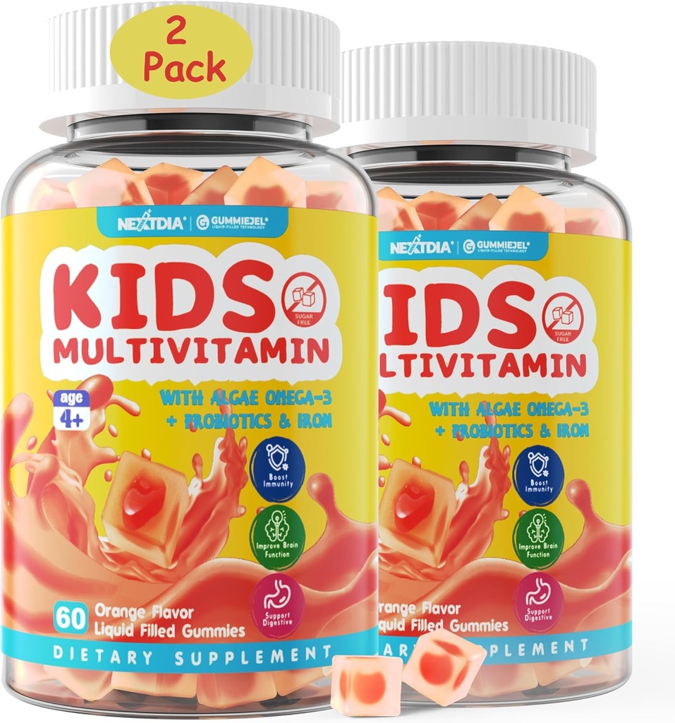 (2 Pack) Kids Multivitamin Gummies med Jern, Sukker Free, Kids Daily Vitamin + Probiotika, Alger Omega 3 (EPA / DHA), A, C, D, Methyl B12, Folate, B6, Zink, Biotin, for sund vækst, immunforsvar