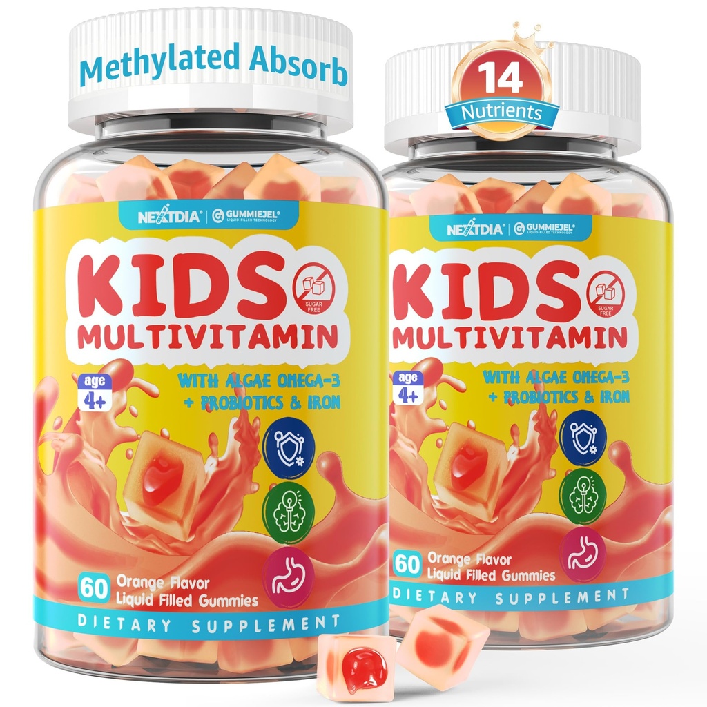 (2 Pack) Kids Multivitamin Gummies med Jern, Sukker Free, Kids Daily Vitamin + Probiotika, Alger Omega 3 (EPA / DHA), A, C, D, Methyl B12, Folate, B6, Zink, Biotin, for sund vækst, immunforsvar