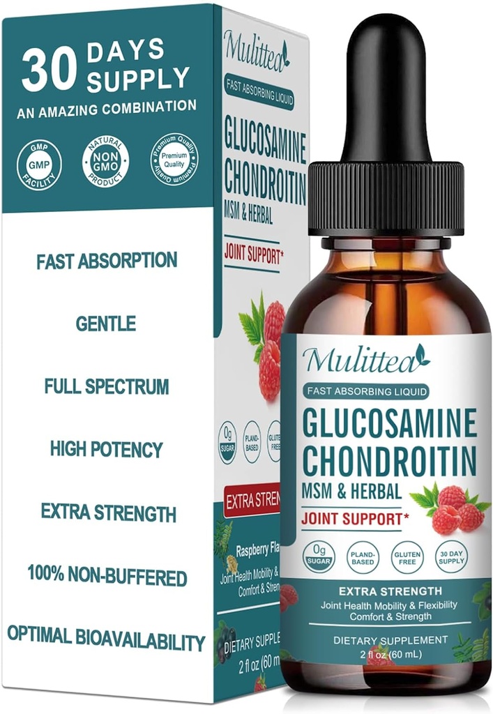 Glucosamin Chondroitin MSM Liquid Drops- w / Elderberry, Boswelia & Hyaluronic Acid - Extra Strength Joint Support Supplement for Mobility, Fleksibility & Bones, High Absorption, 60ml (2 fl oz)