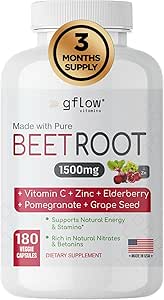 Beet Root Kapsler Organic - Alle naturlige med C-vitamin og zink - Understøtter hjerte sundhed & Stamina, non-GMO, 180 vegetariske Kapsler 124; Lavet i USA