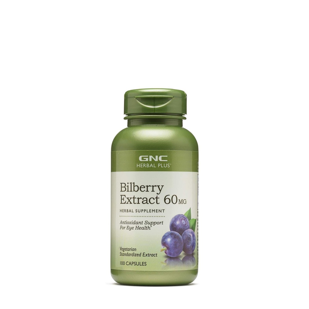 GNC Herbal Plus Bilberry Extract Supplement, Vegetarisk, Understøtter Øje og Sundhed, 100 Servering