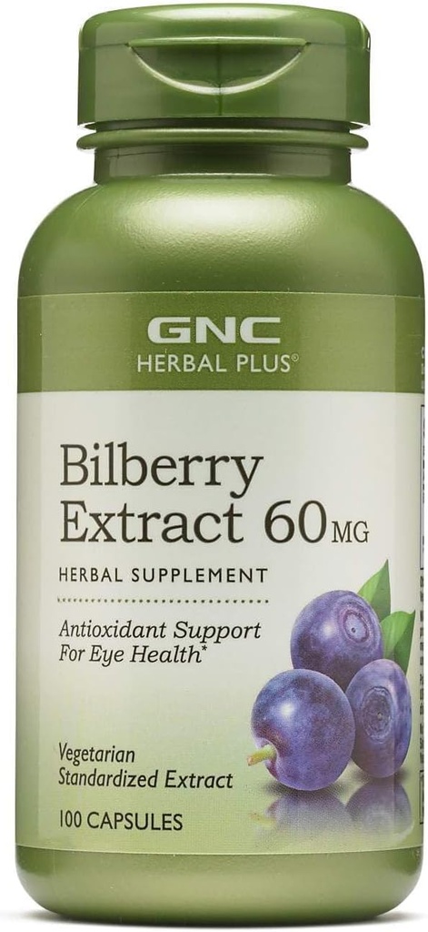 GNC Herbal Plus Bilberry Extract Supplement, Vegetarisk, Understøtter Øje og Sundhed, 100 Servering