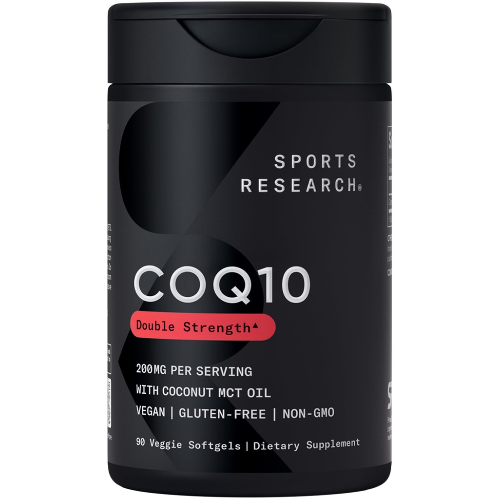 Sports Research CoQ10 200mg Capsules - Premium Coenzyme 10 Supplement with Coconut MCT Oil - Vegan Certified, Non-GMO Verified & Gluten Free - 90 Veggie Softgels