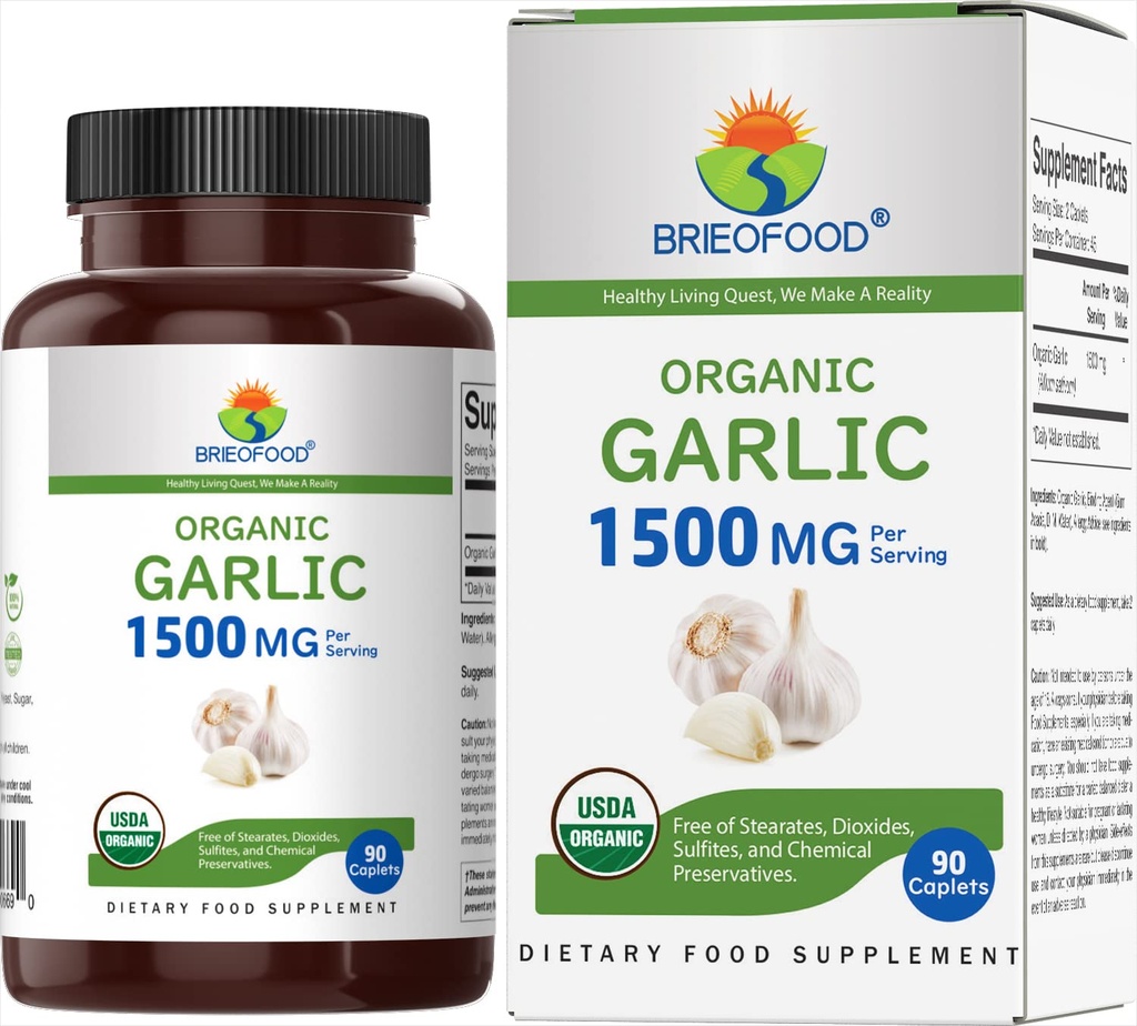 Brieofood Økologisk hvidløg 1500mg, 45 Servering, Vegetarisk, Gluten Gratis, 90 Vegetarisk Tablets