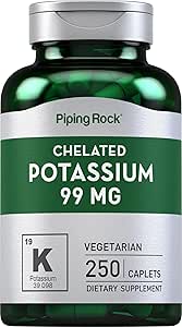 Piping Rock Chelated Potassium Supplement 99mg | 250 Caplets | Potassium Gluconate | Vegetarian, Non-GMO, Gluten Free