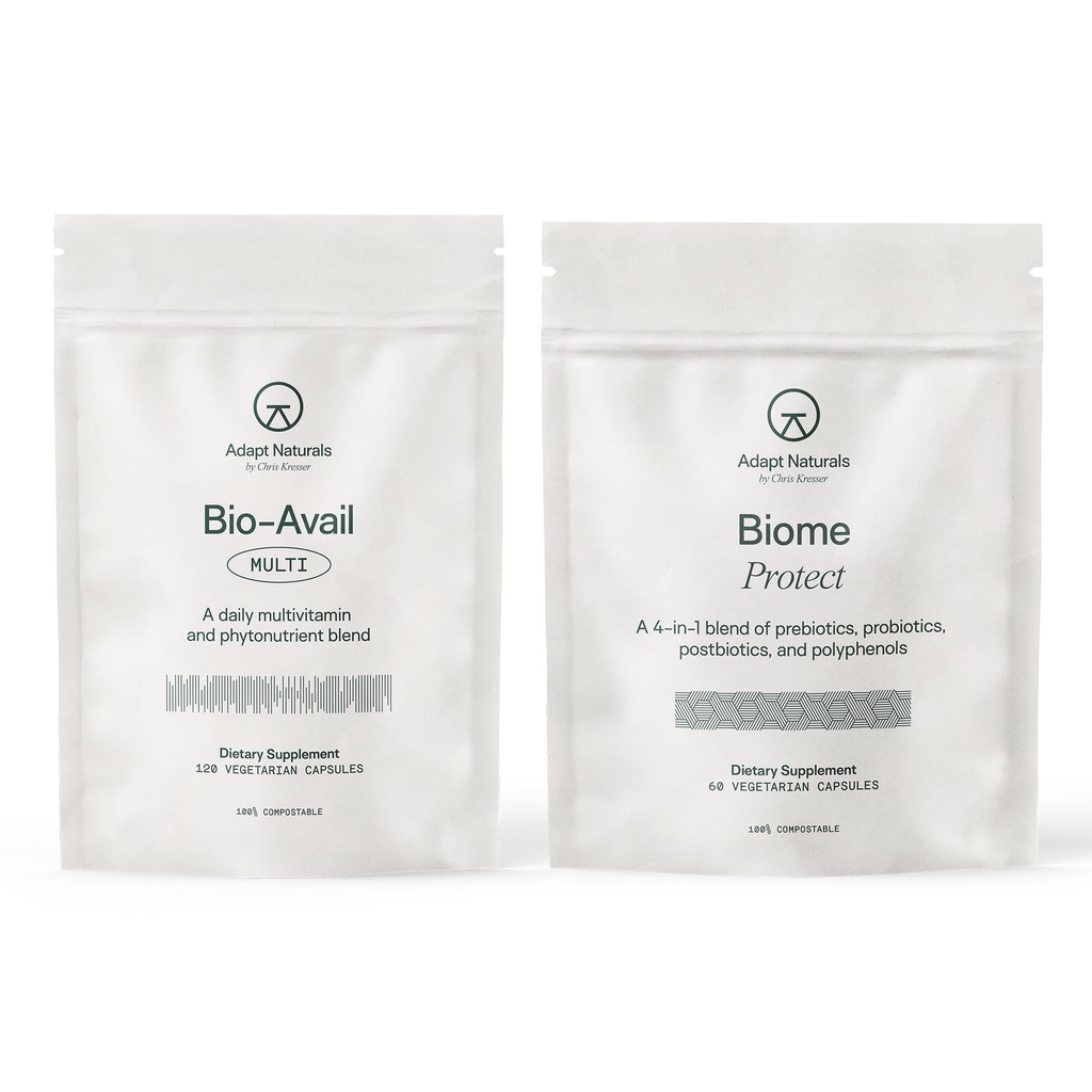 Adapt Naturals Gut & Immune Health Bundle – Biome Protect 4-in-1 Prebiotics, Probiotics, Postbiotics Supplement & Bio-Avail Multivitamin for Men & Women – 30-Day Supply