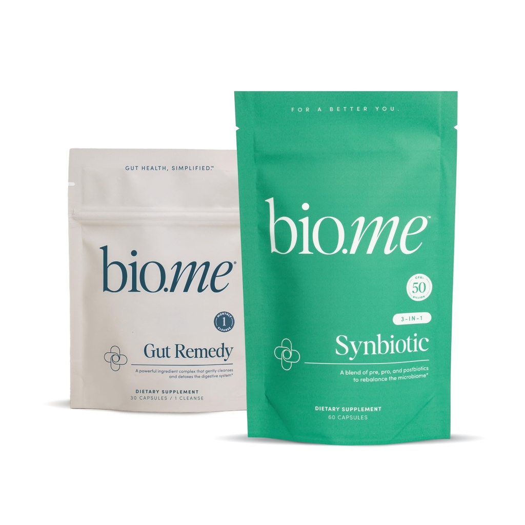 Bio.me Synbiotic & Gut Remedy Bundle - Daily Synbiotic 3-in-1 Prebiotics and Probiotics for Digestive & Immune Support (60 ct) & Gut Cleanse to Reset Digestive System and Rebalance Microbiome (30 ct)