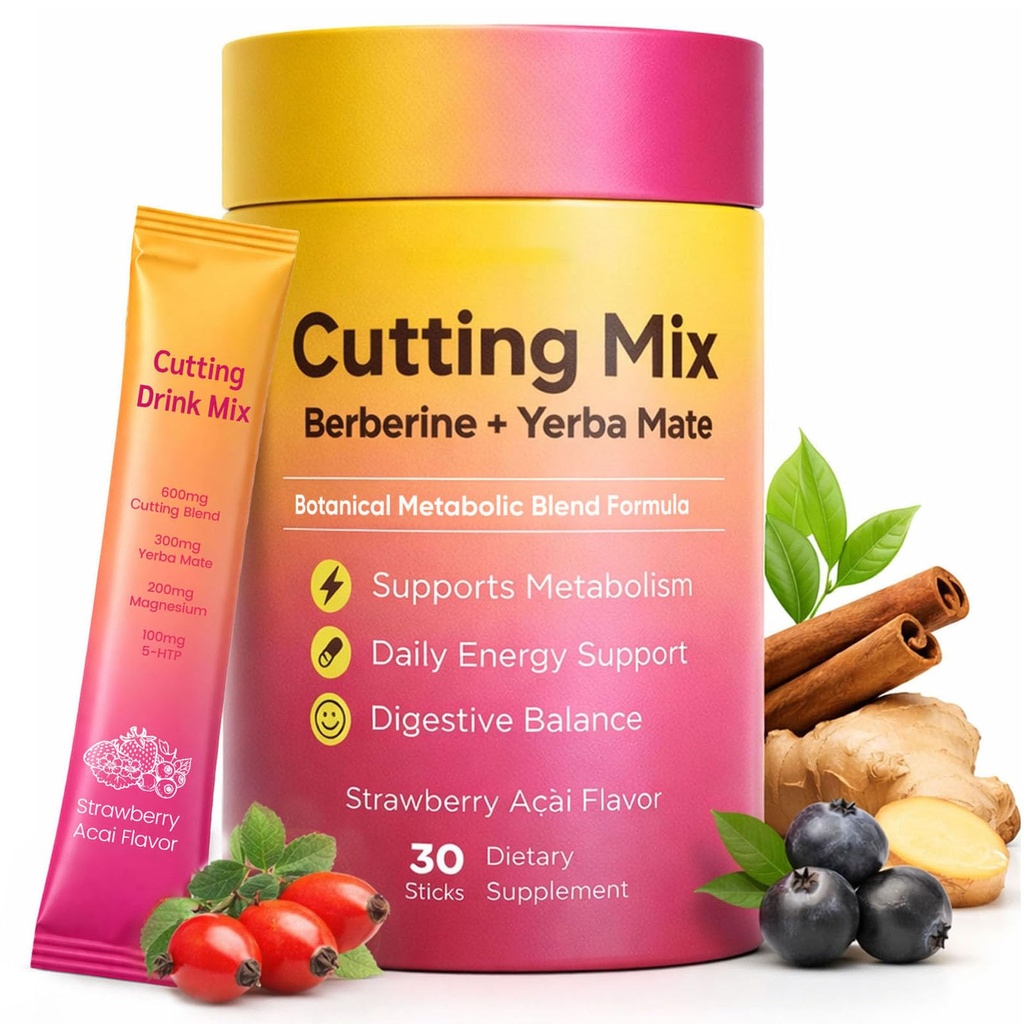 Cutting Drink Mix, Supports Satiety, Energy & Gut Health, with Berberine & Yerba Mate Blend, Strawberry Açaí Flavor, Sugar-Free Drink Powder, 30 Stick Packs