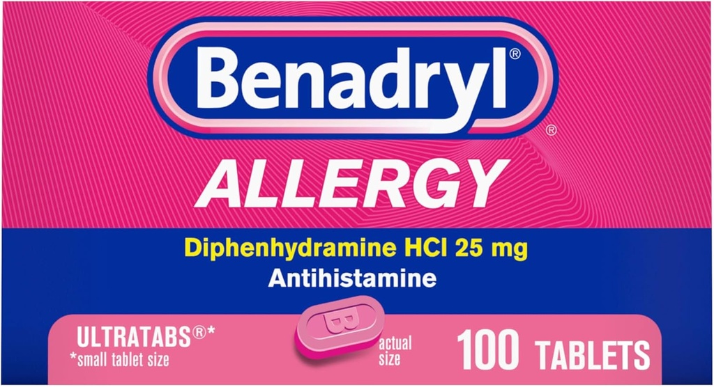 Benadryl Ultratabs Allergi Medicin, 25 mg Diphenhydramin HCl Antihistamin Tablets For Cold & Allergy Relief of Symptoms Like Nysen, Runny Næse, Itchy Eyes & Throat, Hay Fever, 100 Count Tablets