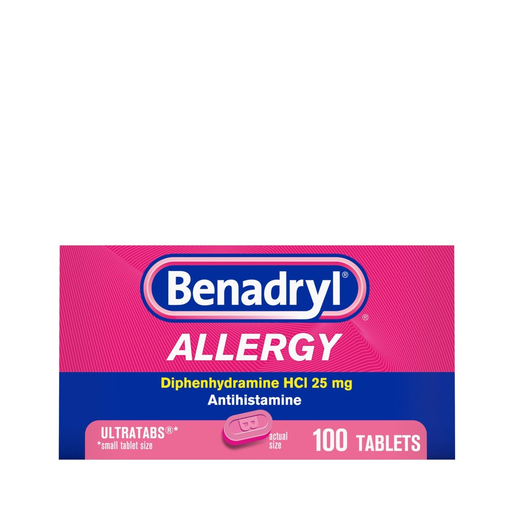 Benadryl Ultratabs Allergi Medicin, 25 mg Diphenhydramin HCl Antihistamin Tablets For Cold & Allergy Relief of Symptoms Like Nysen, Runny Næse, Itchy Eyes & Throat, Hay Fever, 100 Count Tablets