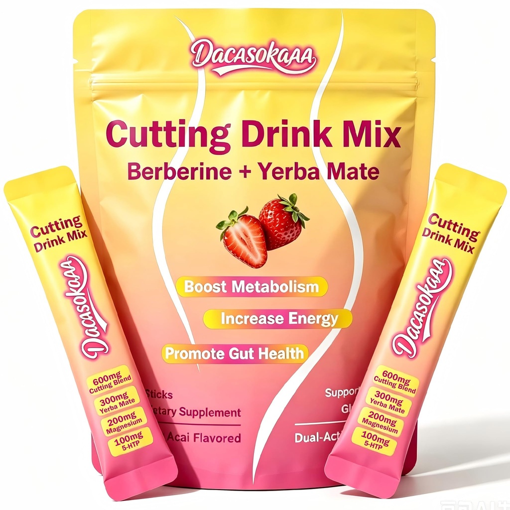 Cutting Drink Mix – Supports Energy & Gut Health with Magnesium, Berberine, Chromium, 5-HTP, Yerba Mate & FOS | Sugar-Free, Vegan, Non-GMO, Strawberry Açaí - 30 Sticks