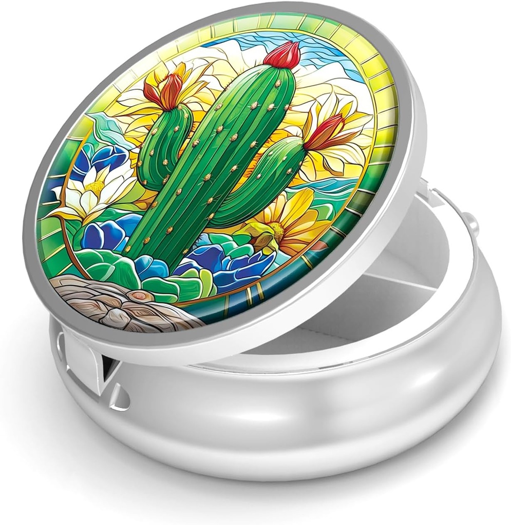 Pill Box-3 Segment Lille Pill sag for purse & Pocket Mini Metal Pill Holder Travel Pill Container til at holde kosttilskud vitaminer BPA- fri (Cactus)