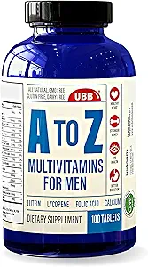 A til Z Multivitamin og Multimineral supplement til mænd - 3 måneders forsyning - Vitaminer A C D E K B1 B2 B6 B12 Magnesium Calcium Biotin Kalium Zink - Antioxidanter til hjerte og immunforsvar (100 Tæl)