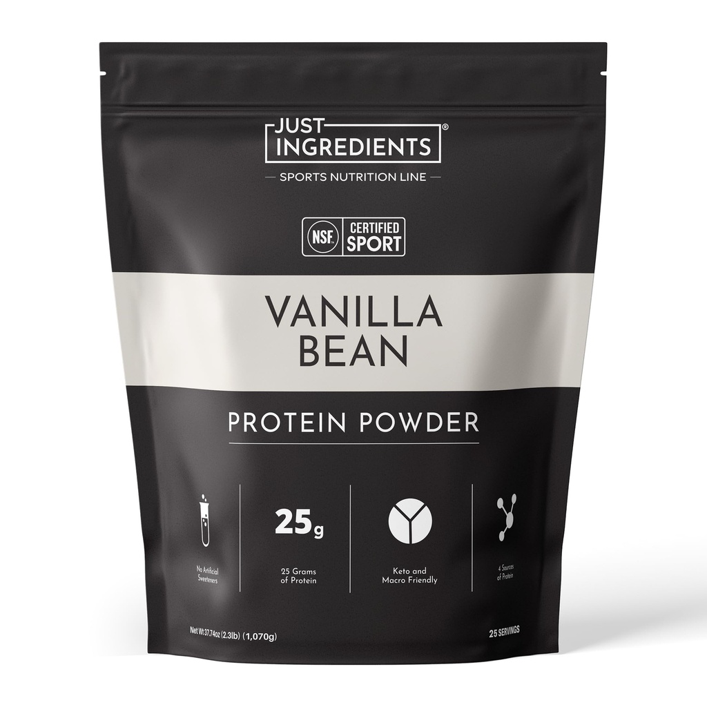 JUST INGREDIENTS Vanilla Bean Protein Powder - NSF Certified - 25 Servings, 37.74 oz
