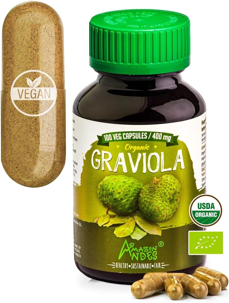 Andes Graviola Kapsler - Rig på C-vitamin & fibre - Immunsystemet Stimulator - Sund Cell Funktion - Vegan, Ikke GMO, Glutenfri, Fairtrade Certified - 100 Soursop piller (400mg)