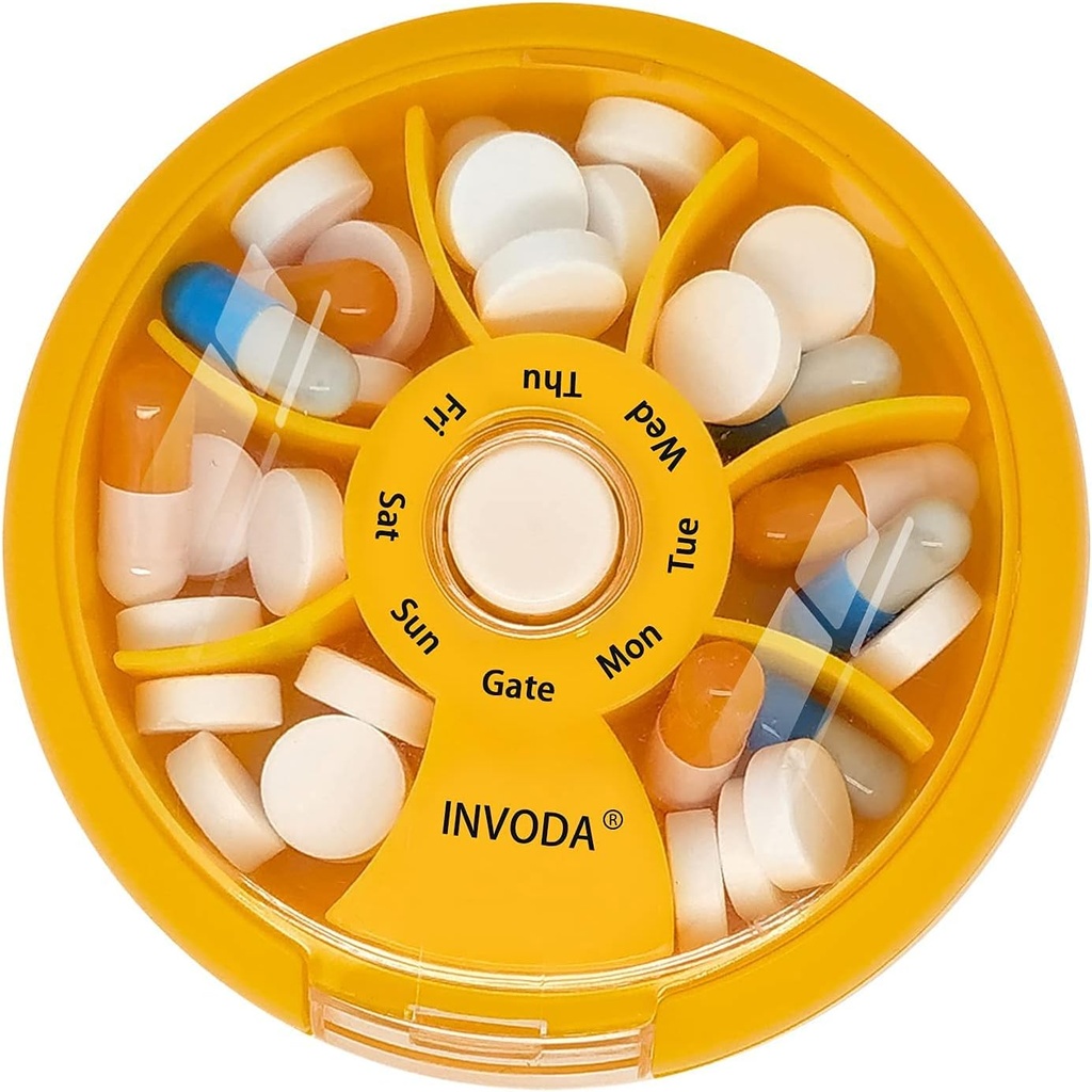 INVODA Weekly Pill Organizer 7 Segment Roterende Pill Box for Daglig Medicin & Vitaminer - Bærbar rejse Pill sag Fish Oil Kosttilskud Vitaminer Organizer (Orange)