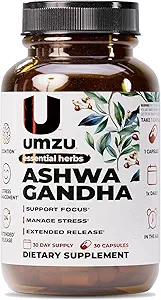 UMZU Ashwagandha Advanced Stress & Cortisol Support Supplement, Memory, Focus, Cognition, 24-Hour Extended Release (30 Day Supply | 30 Capsules)