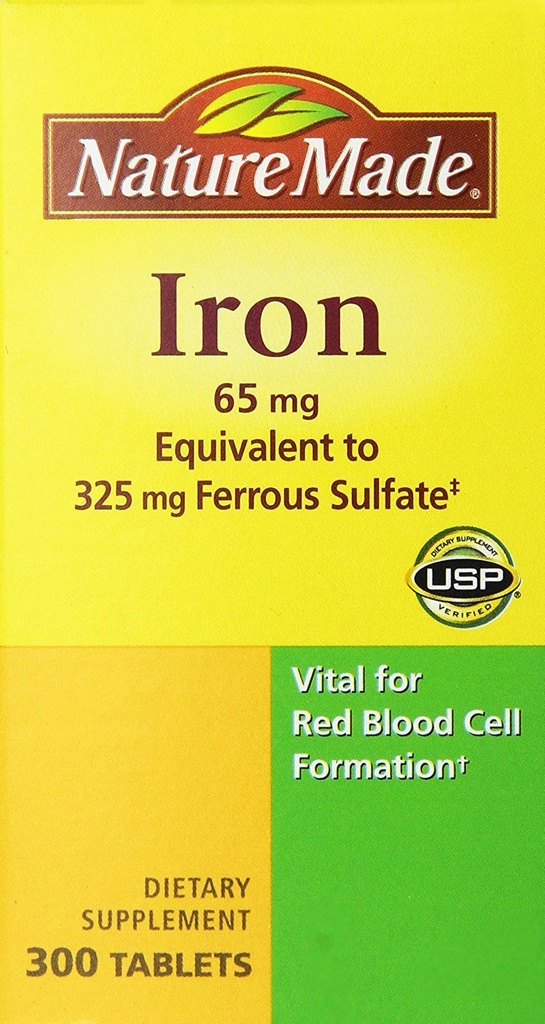 Nature Made Iron 65mg, Tilsvarende 325 mg Ferrosulfate - 300 tabletter