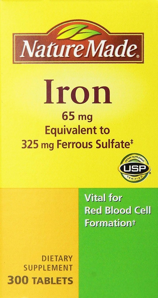 Nature Made Iron 65mg, Tilsvarende 325 mg Ferrosulfate - 300 tabletter