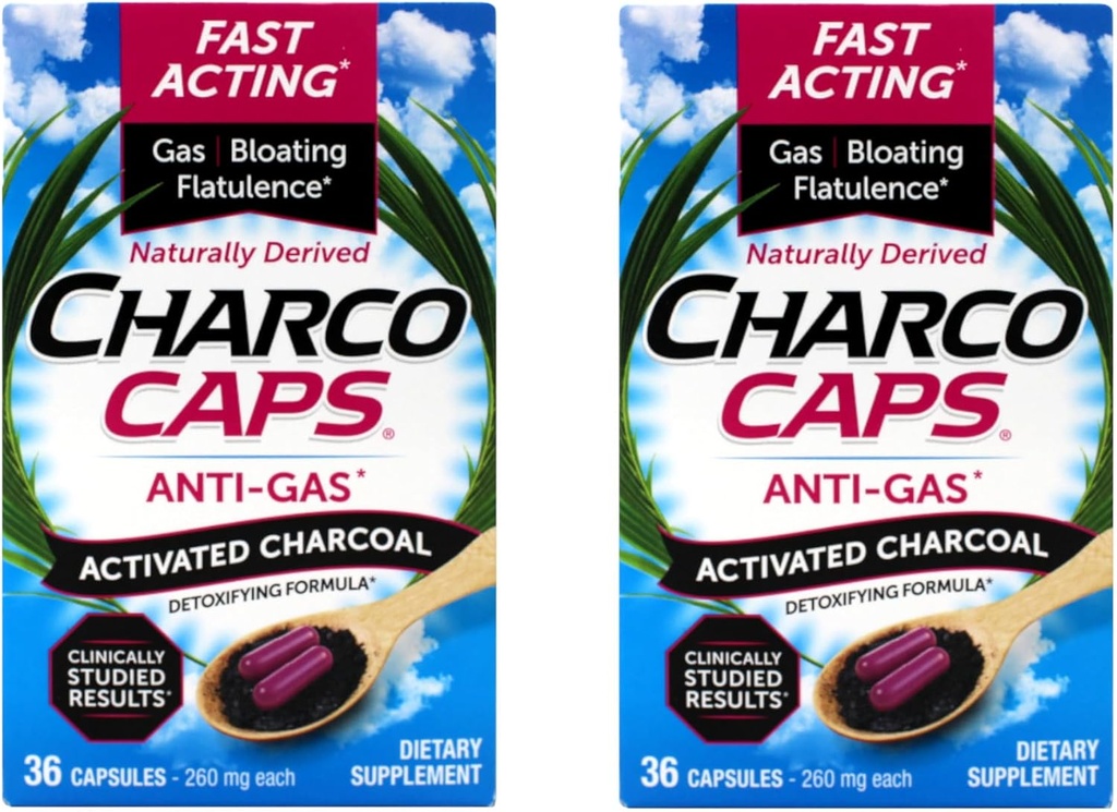Anti- Gas - Fast- Fungerende aktiverede kul afgiftende Formel, naturligt afledte, Relief for Gas, Bloating, og Flatulence, 36 kapsler, 260 mg Hver (pakke med 2)