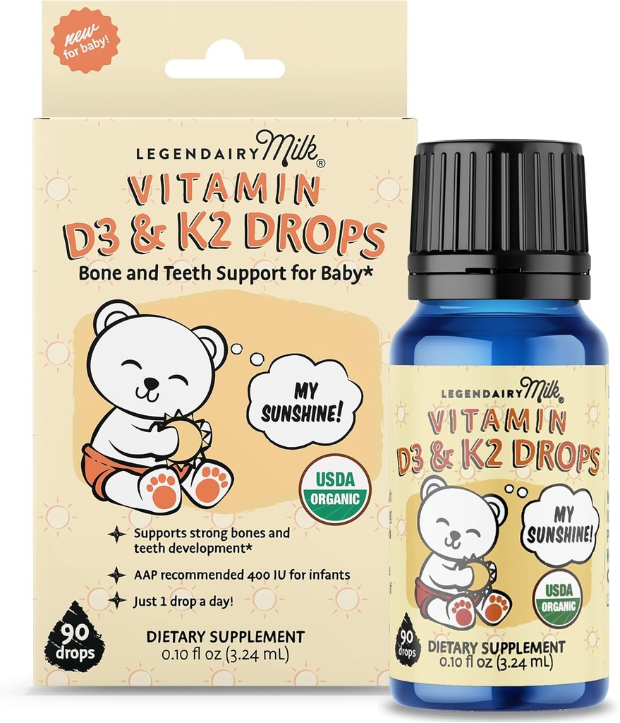 Legendairy Milk Organic Baby Vitamin D3 K2 Liquid Drops, 400 IE Baby Vitamin D dråber til spædbørn med K2 Drops, Vitamin D dråber til nyfødte, Tandlæger, og børn, Vegan, 90 Drops Liquid