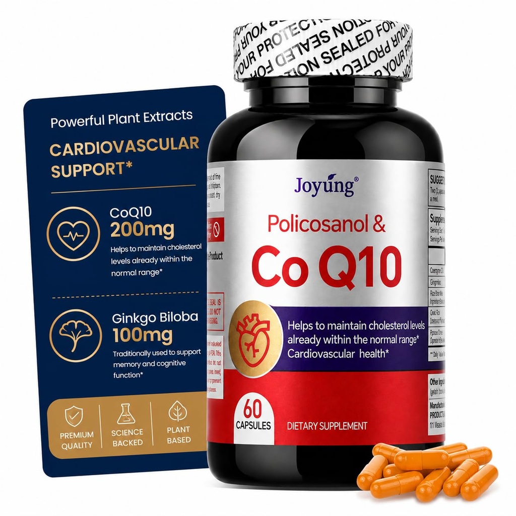 Joyung CoQ10 200mg Supplement with Ginkgo Biloba 100mg - coenzyme Q10, Supports Heart Health, Brain Function, Cellular Energy Production & Healthy Aging* - Third-Party Certified 60 Capsules