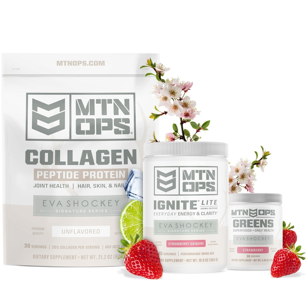 MTN OPS Eva Shockey Wellness Bundle – Unflavored Collagen, Strawberry Greens & Strawberry Daiquiri Ignite Lite – Eva Shockey Supplements for Energy, Gut Health & Hair Skin Support