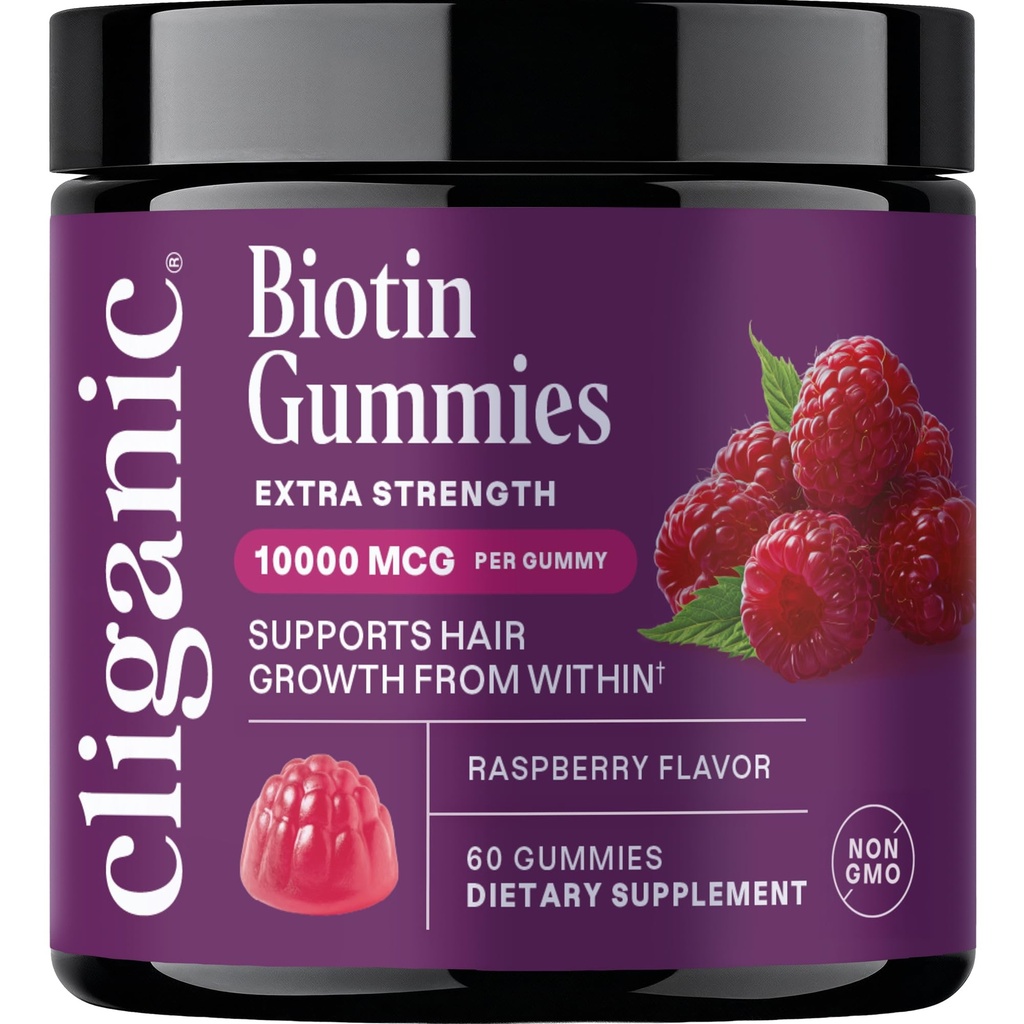 Cliganic Biotin Gummies Extra Strength – 10,000 mcg Biotin per Gummy, Raspberry Flavored Supplement for Men & Women, Non-GMO, Supports Hair Growth and Strong, Healthy Hair, Nails & Skin, 60 Count