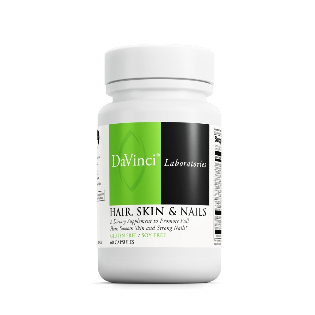 DaVinci Labs hår, hud og negle - Kosttilskud Glat, sund hud, stærke negle og hårsundhed * - Med C-vitamin og D3, mineraler, biotin, zink og mere - Glutenfri - 60 kapsler