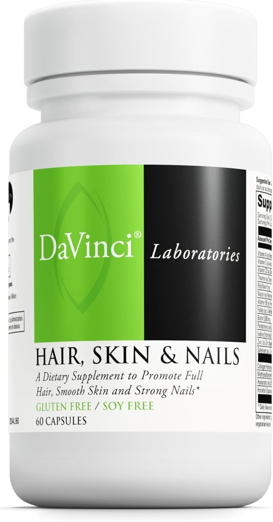 DaVinci Labs hår, hud og negle - Kosttilskud Glat, sund hud, stærke negle og hårsundhed * - Med C-vitamin og D3, mineraler, biotin, zink og mere - Glutenfri - 60 kapsler