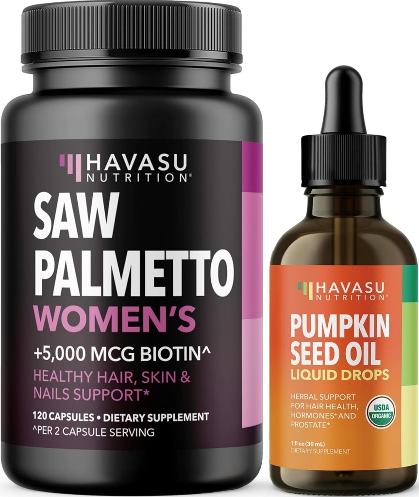 HAVASU NUTRITION USDA Organic Pumpkin Seed Oil Drops (60 Servings) & Saw Palmetto for Women Hair Complex (60 Servings)