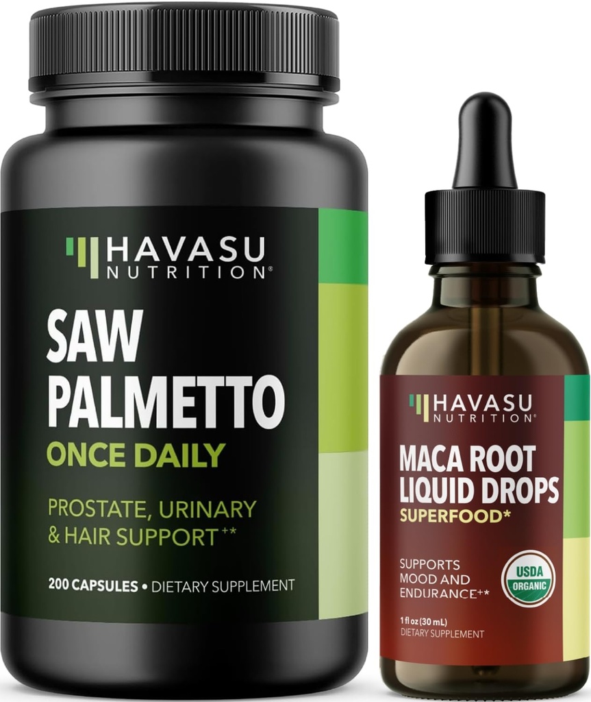 HAVASU NUTRITION Organic Maca Root Liquid Drops (60 Servings) & Saw Palmetto Supplement Capsules (100 Servings)
