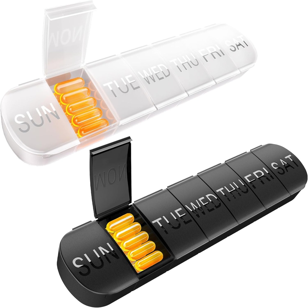 Ugentlig Pill Organizer 2 gange om dagen, Rejse Pill Box 7 Dag Ekstra store kompartmenter Vitamin Holder, Daglig Pill Container 7dag XL Medicin Dispenser for Fish Oil Case (2PCS Black- White)