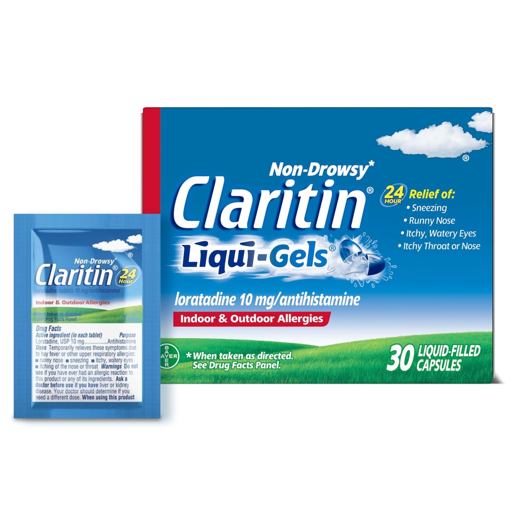 Claritin Allergy Medicine for Adults, 24-Hour Non-Drowsy Loratadine 10mg, Antihistamine, 30 Liquid Gels + 1ct On-The-Go Relief