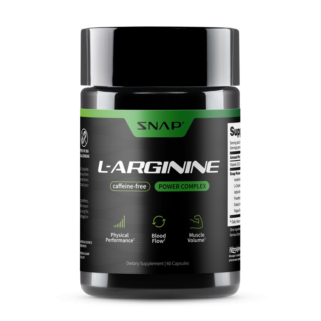 Snap Kosttilskud L Arginin Kapsler - Understøtter naturlig energi, øget blodgennemstrømning & muskelvækst og Cardio sundhed, 60 Vegetariske Kapsler (30 Servere, 1 måned Tilgang)