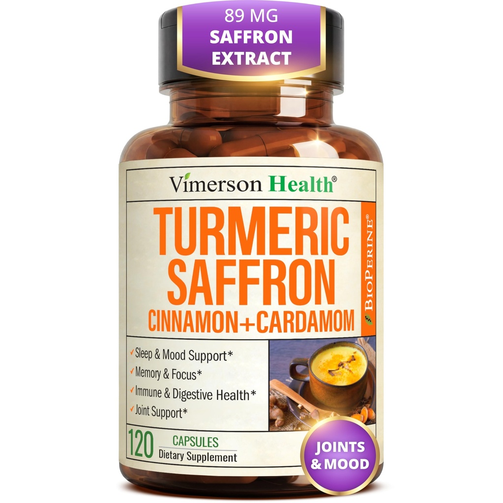 Saffron Supplements with Turmeric Curcumin, Saffron Extract (89mg), Ceylon Cinnamon, and Cardamom for Women and Men – Turmeric Supplement for Daily Inflammation, Mood & Joint Support – 120 Capsules