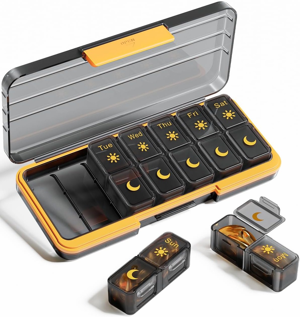 AM PM Pill Organizer 2 gange en dag, 7 dag Pill Box Ugentlig Pill Organizer Rejser med separat Container, Portable Daily Medicine Planner Dispenser sag for Vitamin, Fish Oliils, Kosttilskud BlackGold