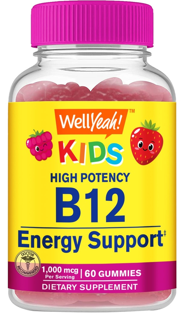 WellYe Vitamin B12 Gummies for Kids - Boost Energy, Forbedre hjernefunktion, og styrke immunsystemet - Non-GMO, Gluten- Free - Great Tasting Berry Flavor - Let at tygge - 60 Gummies