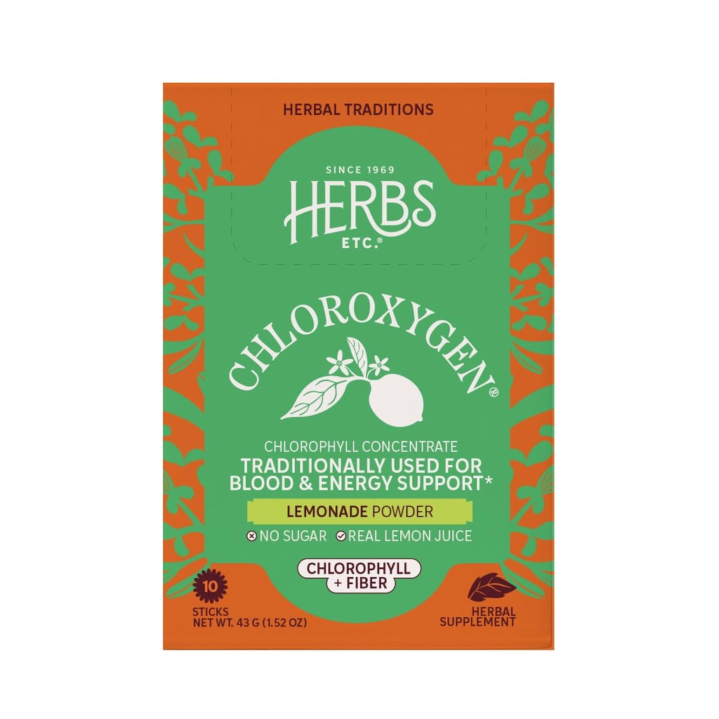 Herbs Etc. ChlorOxygen Lemonade Powder Stick 50mg of Chlorophyll and 3g of Fiber 10ct No Sugar