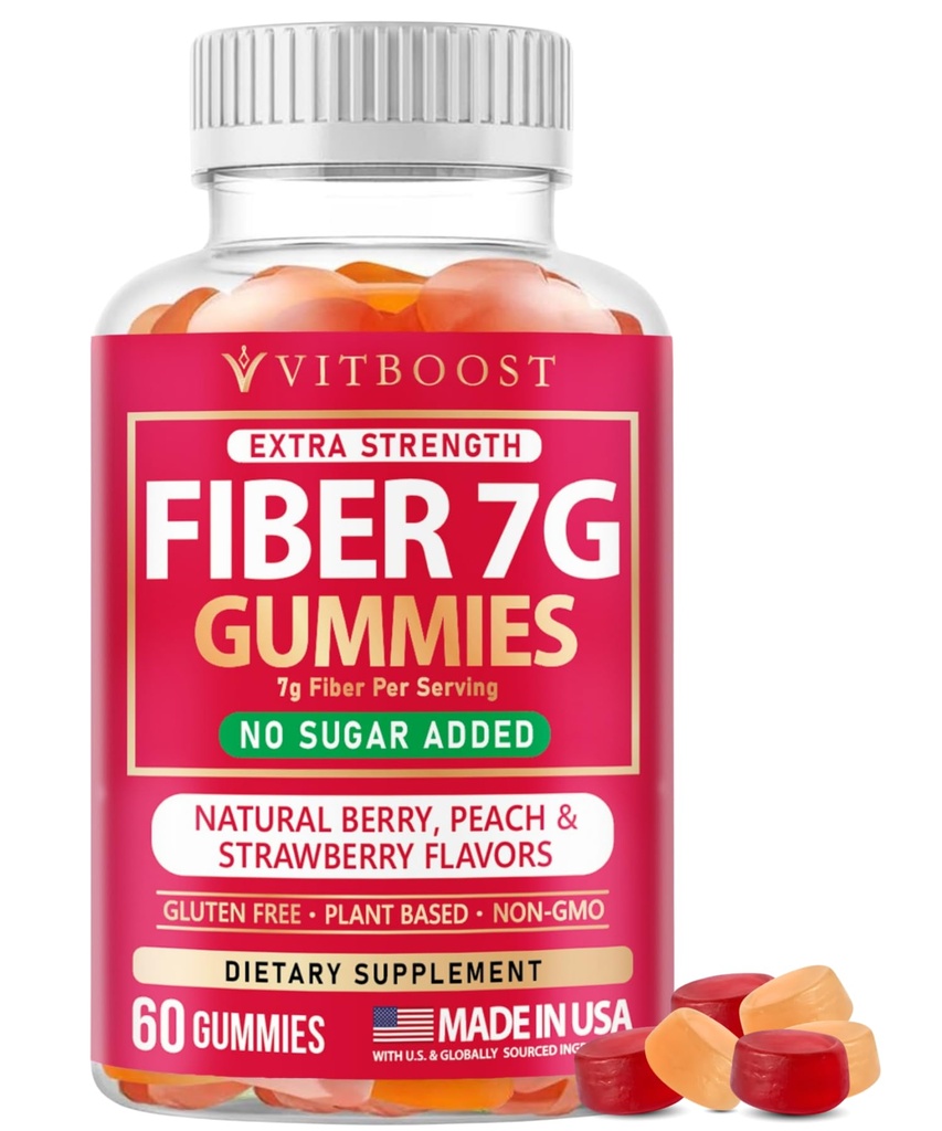 VITBOOST Prebiotic Fiber Gummies 7g – 60 Count – No Sugar Added, Vegan, Pectin-Based (No Gelatin), Non-GMO, Made in USA – Digestive & Gut Health Support