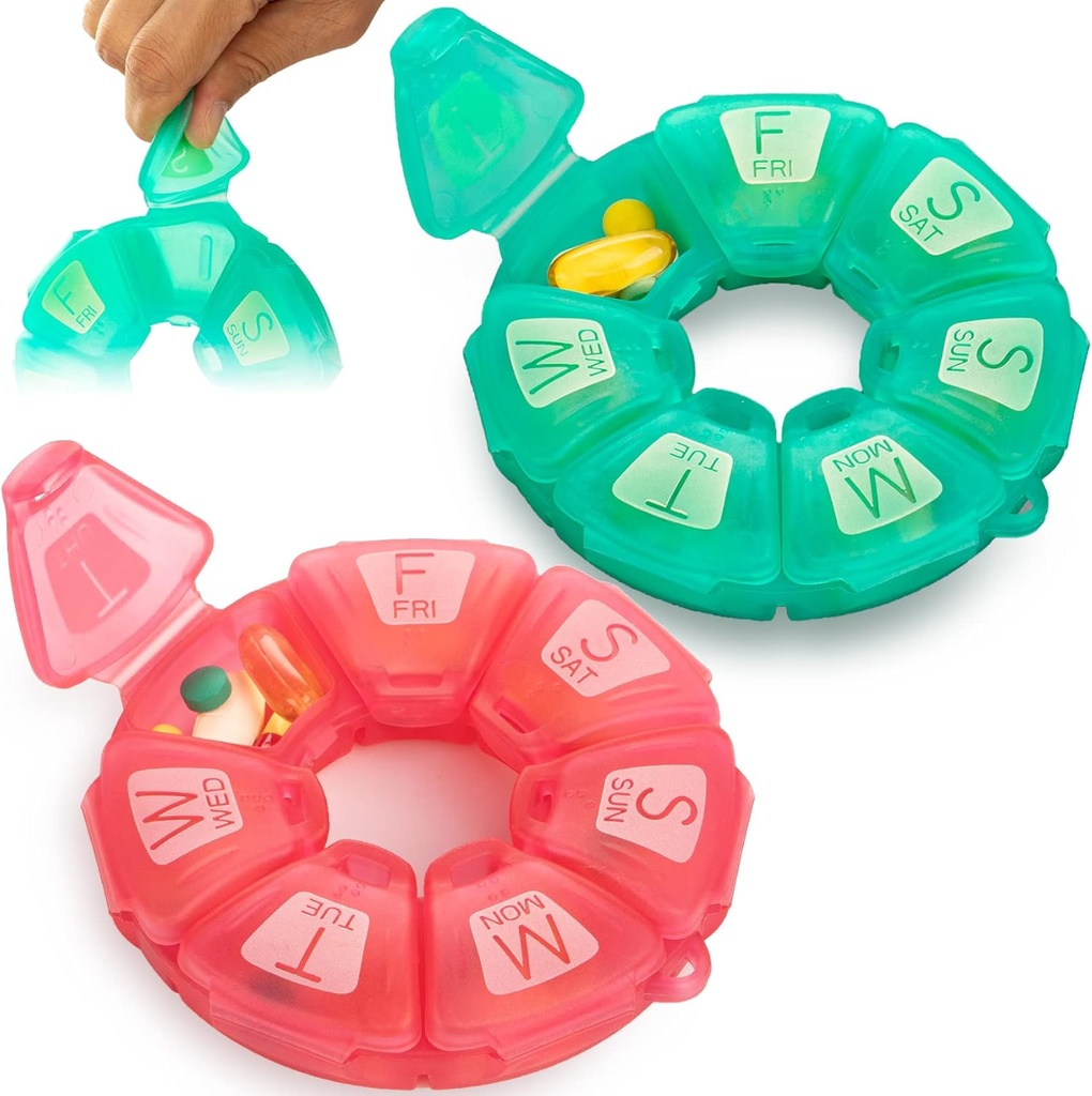Round Weekly Pill Organizer, TPU Rubberized, Travel Pill Container 7 Dag, med 7 store afdelinger, Cute Pill Case med store bogstaver og braille (2 stk Green Rose)