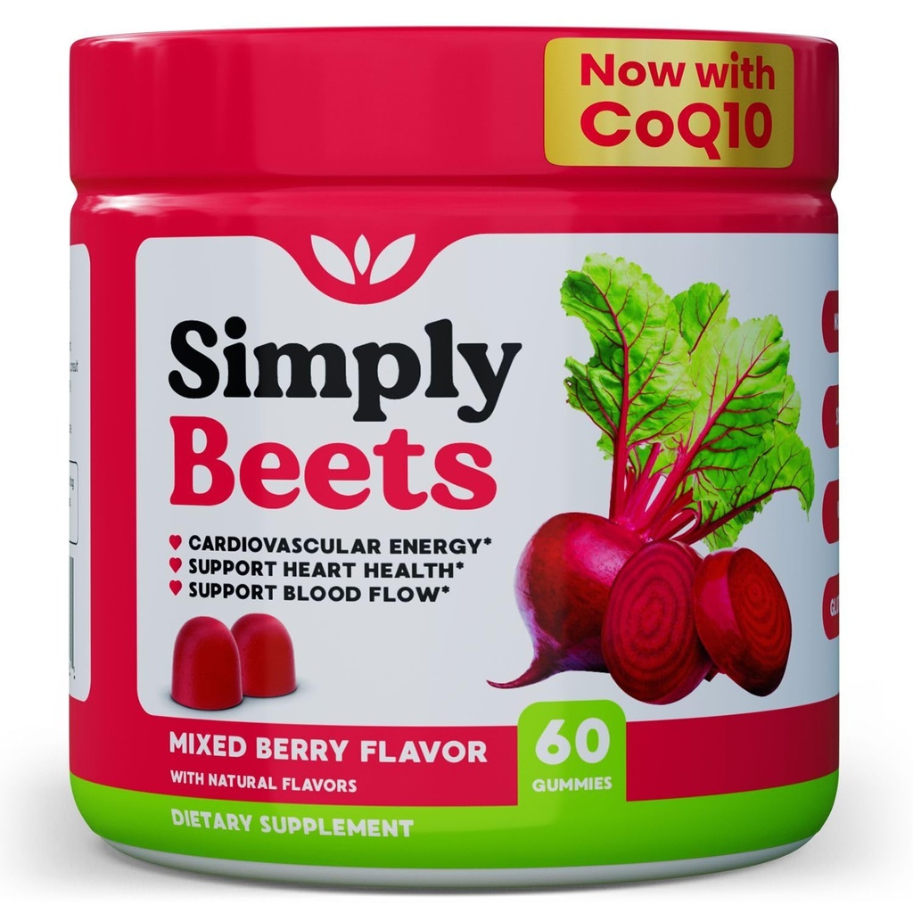 Beet Gummies med CoQ10- Nitrooxid & energistøtte- Non- GMO Beetroot Powder & Grape Seed Extract- Natural Mixed Berry Flavor- 60 Tæl