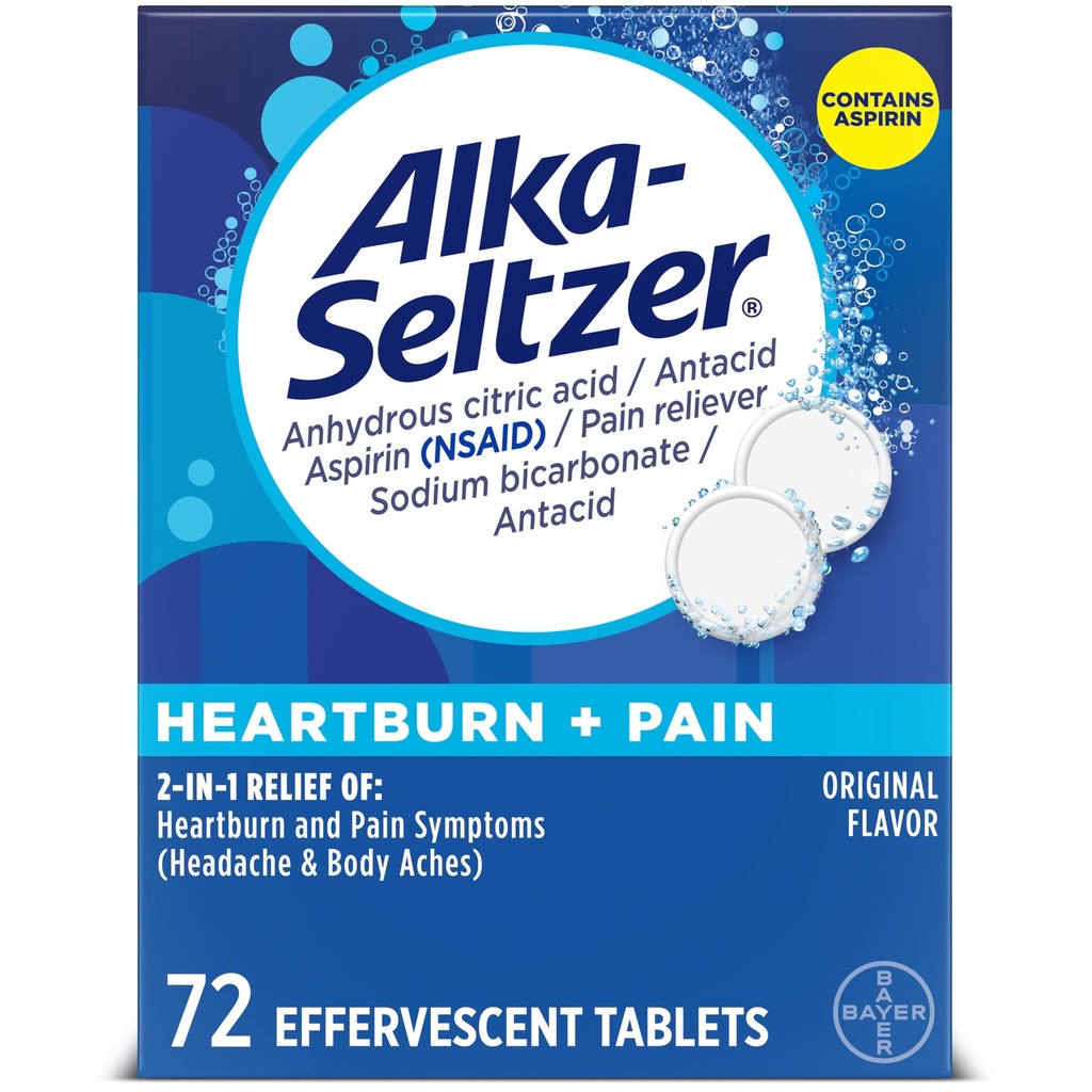 Alka- Seltzer Heartburn + Smerte Effervescent Aspirin + Antacida tabletter, Hurtig Heartburn Relief og Syre fordøjelsesbesvær Relief, Smerte Relief med Aspirin, 72 Ct