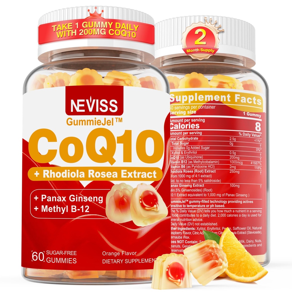 Sugar Free CoQ10- 200mg 400mg Filled Gummies - 2 Months Supply - w / Vitamin B12 1000mcg, Rhodiola Rosea & Panax Ginseng, B6, Coenzym Q10 Supplement for Hear- t, Energy, Antioxidant, Ultra Absorption